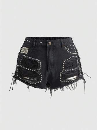Grunge Punk Sexy Nieten Vintage Spitzen Shorts mit tiefer Taille und ausgefranstem Denim für Damen in Große Größen, geeignet für Musikfestivals und Partys