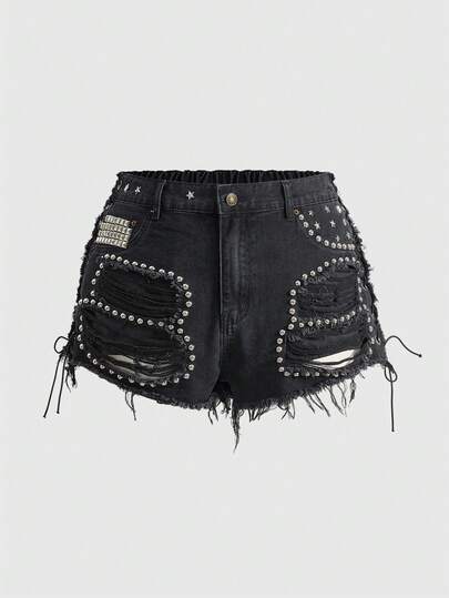 Grunge Punk Short en jean déchiré vintage sexy avec rivets, lacets et taille basse pour femmes grandes tailles. Convient pour les festivals de musique et les fêtes