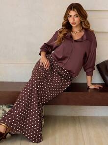 Roveilla 大码纯色鱼尾开衫和波点半裙两件套，秋冬款 - 咖啡棕 - 查看 1