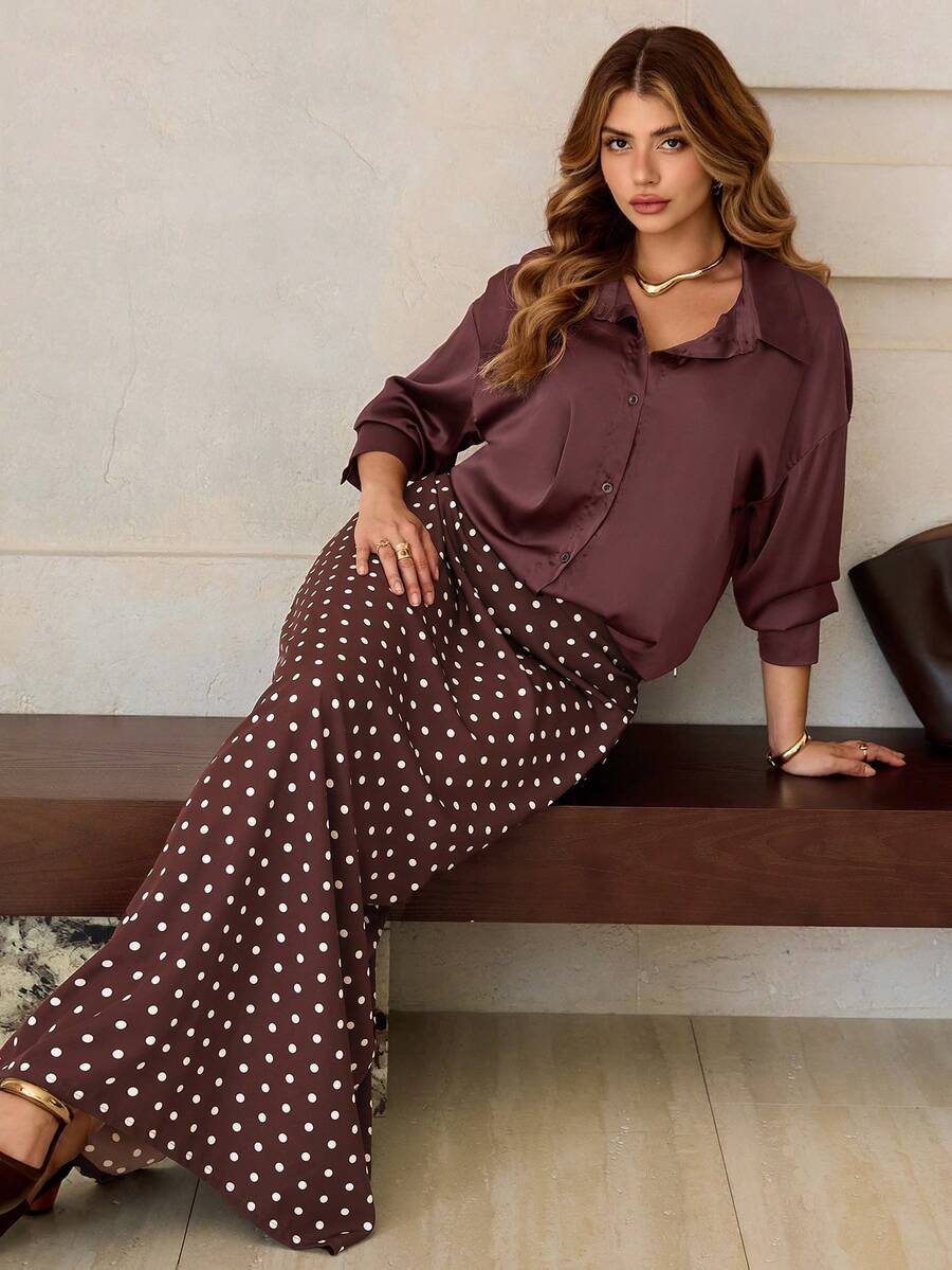 Roveilla 大码纯色鱼尾开衫和波点半裙两件套，秋冬款 - 咖啡棕 - 查看 1