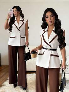 Elenzga 春秋冬新款职业装时尚休闲通勤装独立日设计感杏棕色拼布撞色双排扣翻领无袖西装外套+深棕色直筒阔腿裤套装 - 彩色 - 查看 3