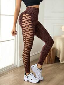 Slayform Fashionable Sexy Leopard Print Hollow-Out Sports Leggings Leggings No Scrunch Sexy Leggings Women Animal Print Workout Leggings - Rust Brown - View 5