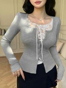 DAZY Women's Contrast Lace Front Tie Long Sleeve Single-Breasted Casual T-Shirt - Grey - View 3