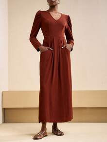 Zivah 2025 Autumn New Arrival Daily Commute Casual High-End Elegant Minimalist Streetwear Style Gigot Sleeve V-Neck Pocket Pleated Design H-Line Brown V-Neck Long Dress - Rust Brown - View 4