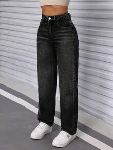 SHEIN PETITE 女士休闲水洗斜口袋直筒牛仔裤 - 黑色 - 查看 6