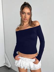 SHEIN EZwear Áo thun dài tay hở vai màu xanh navy, thường ngày dành cho nữ, mùa xuân/thu - Màu xanh hải quân - Xem 10
