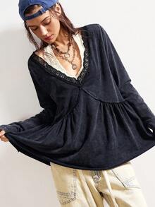 Bohemela Women's Casual Solid Color V-Neck Long Sleeve Loose T-Shirt,Black Top - Black - View 3