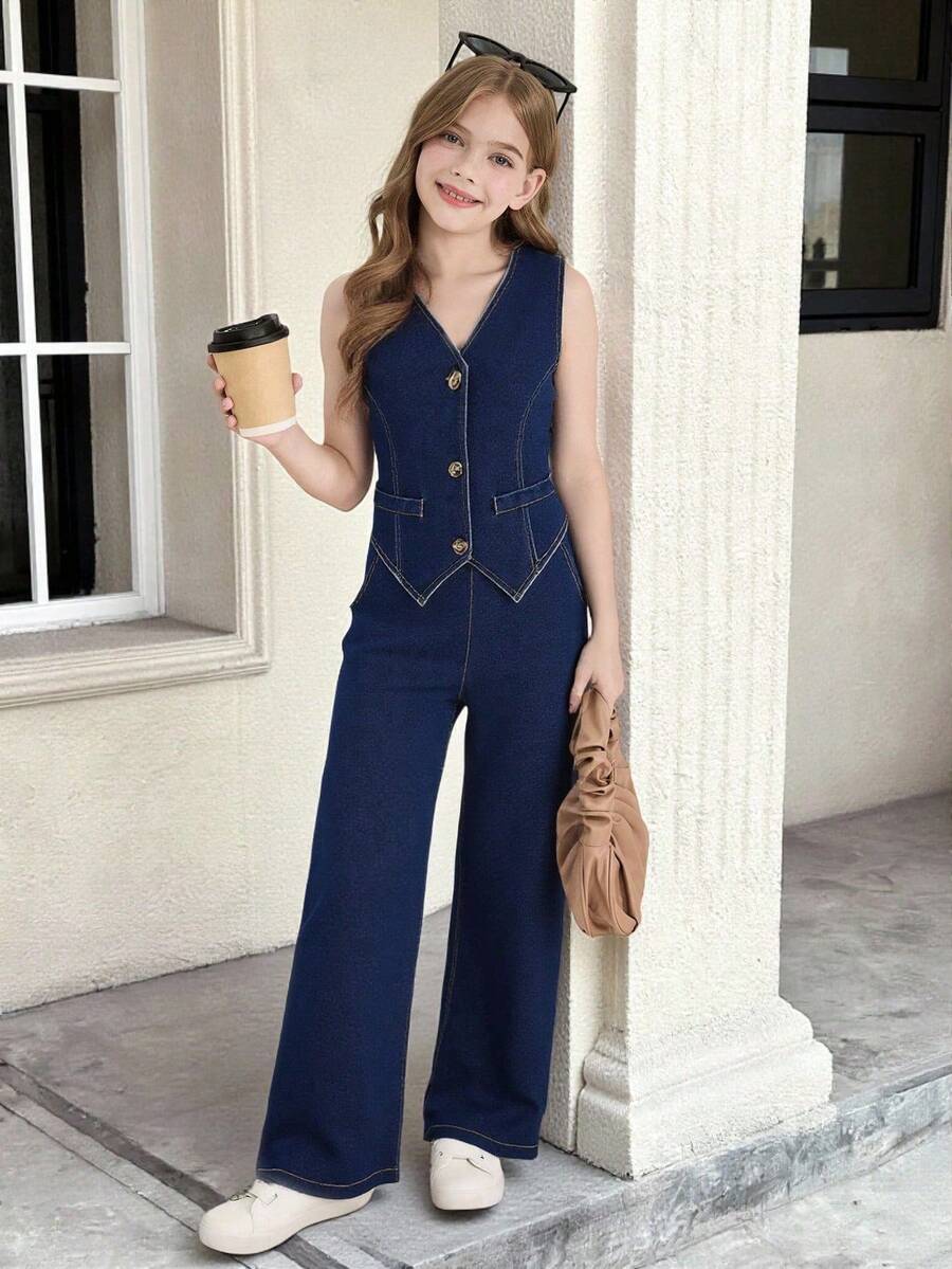 SHEIN Tween Girl Casual Top And Pants Set, Basic V-Neck Sleeveless Top With Loose Straight Leg Jeans, Suitable For Beach, Vacation, Casual Parties And Holidays In Spring, Summer And Autumn - Dark Wash - View 1