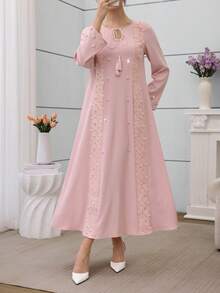 SHEIN Najma Elegantes Blumen-Spitzenbesatz Rundhals Loose Fit Luxuriöser Edler Stil Langarm Kleid für Frauen