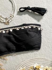 Swim Lushoire Maillot de bain hauts court noir sexy grande taille avec décoration coquille et étoile, dos nu, bretelles ajustables, convient pour la plage, la fête de la piscine pour les femmes - Noir - Voir 5