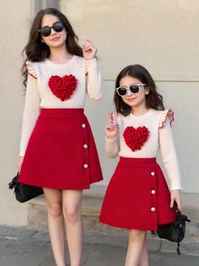 SHEIN Set de 2 piezas: Sudadera de cuello redondo con mangas de volantes y decoración de corazón 3D en color albaricoque suave acanalado para niñas jóvenes, combinada con falda acampanada de pana roja con parche de perlas, adecuado para fiestas, uso diario, otoño/primavera