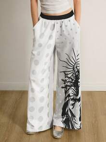 Shutterstock Y2Kool 女士白色和灰色Y2K风格波点渐变色块人像和心形剑印花休闲裤，阔腿裤，夏季音乐会女装，春季生日派对女装，嘉年华女装 - 彩色 - 查看 3