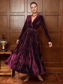 Aalyst 女士优雅高端正式办公通勤休闲婚礼宾客连衣裙，纯色丝绒面料，V领，松紧腰，喇叭下摆，皮带装饰，长袖，及地长裙 - 紫紅色 - 查看 6