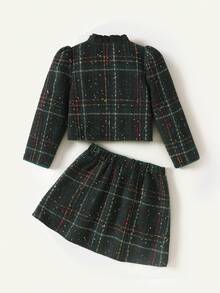 Maija Kids Young Girl Autumn 2pcs Set,7th Birthday Dark Green Tweed Coat With Oversized Bow & A-Line Skirt,Winter Fashion High-End Elegant Party Christmas Outfit - Dark Green - View 2