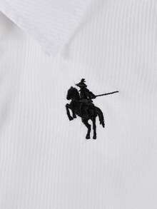 Souflis Souflis 1pc Girls' Turndown Collar Long Sleeve Button-Up Striped Shirt With Embroidered Front Graphic, Casual Top For Autumn