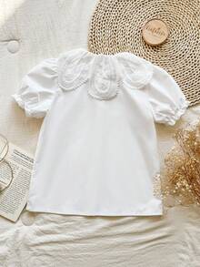 SHEIN Vintaside Kids Girls' White Lace Collar Short Sleeve Blouse, Fashionable Versatile Casual Shirt, Comfortable And Stylish For Daily Wear - White - View 2