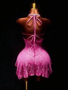 Amplova Valentine's Day & New Year Party Style Low-Cut Sequin Lace Fuchsia A-Line Mini Dress For Women Pink - Hot Pink - View 4