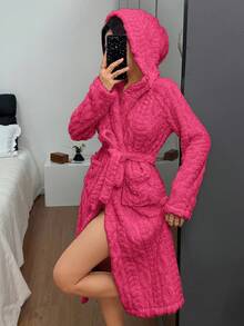 SHEIN Women's Cozy Jacquard Wheat Ear Hooded Bathrobe With Belt And Pockets, Fluffy Winter - Hot Pink - View 2