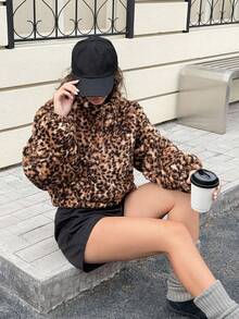 Top holgado de manga larga con cremallera y media cartera, de estilo peluche con estampado de leopardo - Café integral - Ver 5