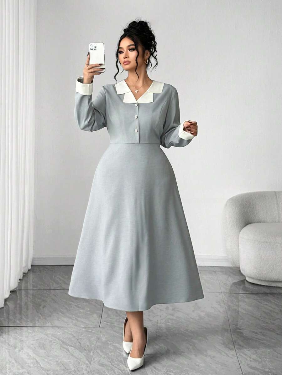 Elenzga Váy dài tay kiểu Pháp thanh lịch cỡ lớn dành cho nữ, thiết kế mới, váy dài tay ôm sát eo cao cấp, màu xanh lá cây nhạt - Màu xanh Bạc hà - Xem 1