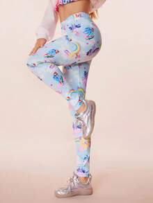 My Little Pony X SHEIN 女士弹力可爱卡通小马印花打底裤 - 彩色 - 查看 4