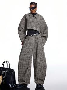 SHEIN EZwear 大码女式千鸟格口袋宽松休闲裤 - 彩色 - 查看 4