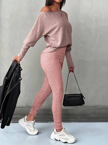 EMERY ROSE Women's Solid Color Batwing Sleeve Top And Pants Casual 2 Pieces Set - Pink - View 3