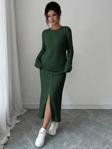 SHEIN Elenzya 女士纯色纽扣毛衣和裙子套装 - 墨綠色 - 查看 4