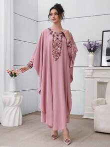 Al Najma Women's Loose Fit Beaded Collar Floral Long Robe Dress, Pink - Pink - View 8