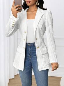 SHEIN Lady 女士纹理翻领泡泡袖金属双排扣休闲外套，秋冬款 - 白色 - 查看 8