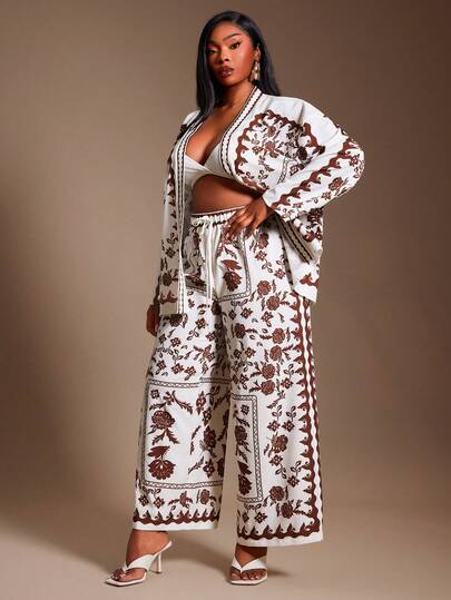 SHEIN SXY Plus Size Women's Spring&Summer Elegant Sexy Holiday Floral Printed Beach Set With Long Sleeve Shirt And Elastic Waist Pants,Suitable For Everyday Wear