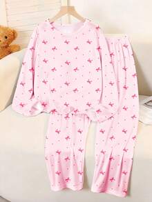 2件套少女波点蝴蝶结印花休闲宽松圆领长袖T恤和长裤睡衣套装，适合所有季节居家穿着，浅粉色 - 彩色 - 查看 5