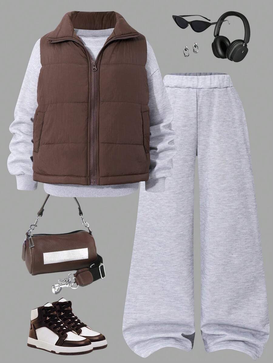 3pcs/Set Girls Oversized Crew Neck Long Sleeve Sweatshirt, Sports Pants Casual Loose Suit, Autumn/Winter - Light Grey - View 1