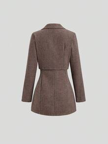 Sweetra 优雅法式初秋纹理面料时尚女继承人派对休闲高端西装外套搭配复古风抹胸连衣裙两件套 - 棕色 - 查看 8