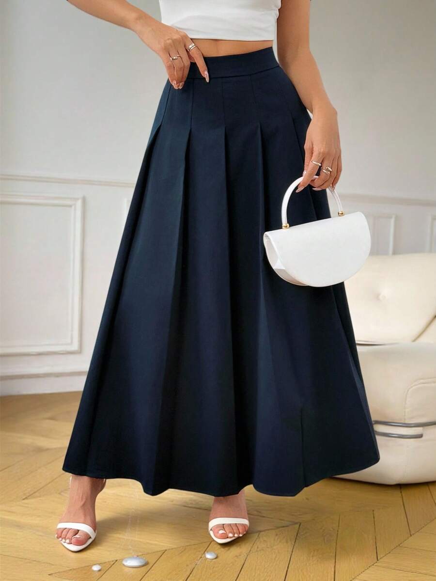 SHEIN PETITE 女士纯色百褶长款优雅通勤裙 - 藏蓝色 - 查看 1