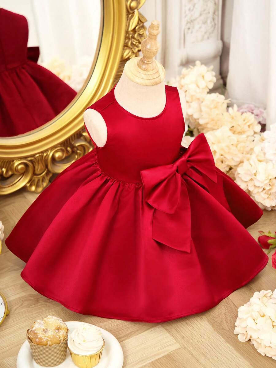 SHEIN Baby Boy Elegant & Cute Red Bow Decor Sleeveless Dress - Burgundy - View 1
