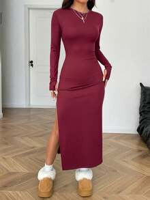 SHEIN EZwear 酒紅色圓領長袖開衩修身洋裝，秋季婚禮晚宴賓客女款性感禮服 - 酒紅色 - 查看 4