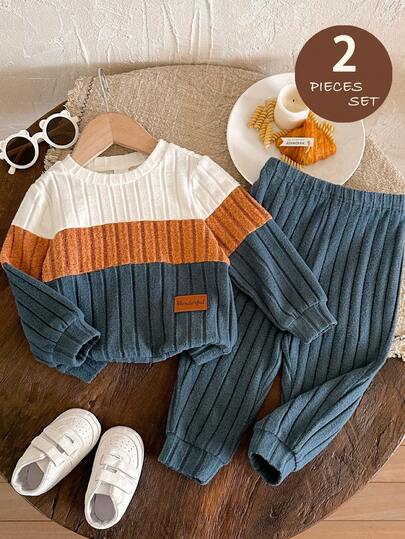 LMoss Kids 男婴针织撞色圆领休闲T恤和裤子两件套