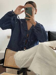 Livesso 女士系带灯笼袖牛仔衬衫，夏季 - 藍色 - 查看 6