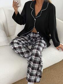 SHEIN Conjunto de pijama a cuadros con botones y cuello para mujer, ropa de otoño e invierno