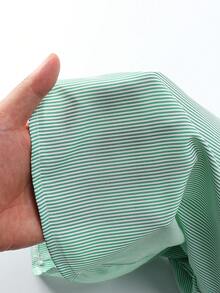 SHEIN 1 件女童翻领长袖纽扣条纹衬衫，正面绣有图案，秋季休闲上衣 - 綠色 - 查看 7