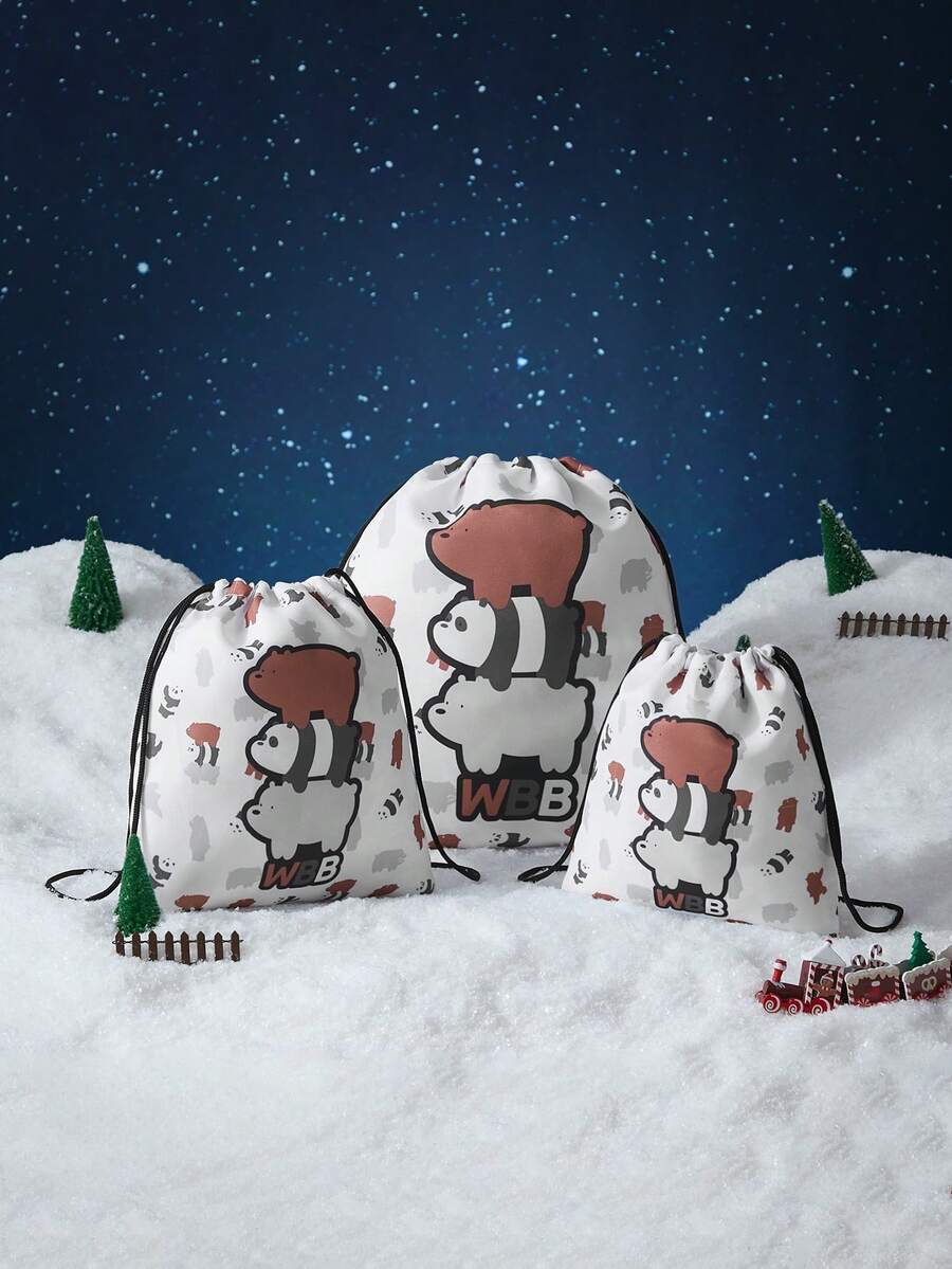 We Bare Bears X SHEIN Cartoon & Letter Print Travel Drawstring Bags, Multi-Size Storage Pouches - bear - View 1