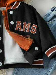 Baby Boys Hooded Jacket With English Slogan Embroidery, 2 In 1, Streetwear Sports Style, Suitable For Outings, Vacations, Photo Shoots, Campus And More, Autumn/Winter - Multicolor - View 11