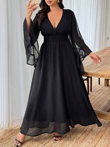 Weeklong 大码女士优雅休闲度假纯色雪纺喇叭袖荷叶边A字长裙 - 黑色 - 查看 7