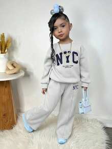 女童休闲爱心印花针织纯色宽松落肩长袖卫衣和阔腿运动裤套装 - 灰色 - 查看 4