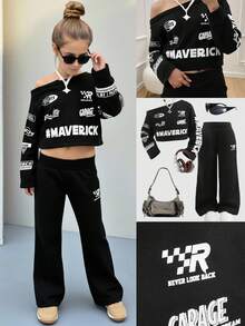 年轻女孩字母印花不对称肩长袖运动衫和阔腿裤休闲套装，秋季 - 黑色 - 查看 9