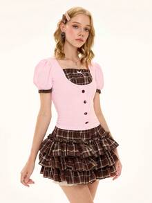 ROMWE Kawaii 女士格子泡泡袖纽扣设计上衣和蛋糕裙裤时尚两件套 - 棕色 - 查看 1