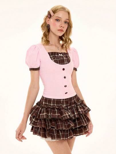 ROMWE Kawaii Spring/Summer Women's Plaid Puff Sleeve Button Design Top And Cake Skirt Pants Fashion 2-Piece Set