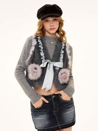 J-Fashion Mori Kei Cute Furry V-Neck Bow Tie Strap Vest