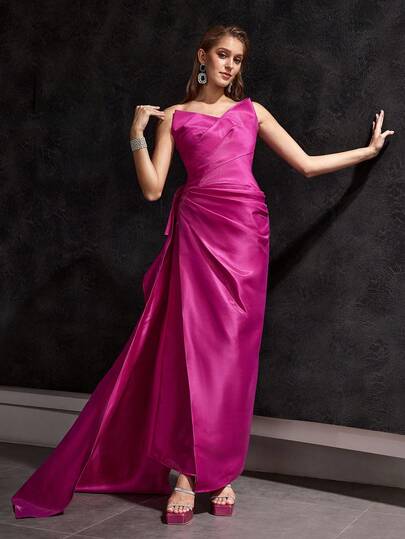 MOTF Soiréza SATIN SOLID RUCHED DRAPED SLIM FIT TUBE PROM DRESS